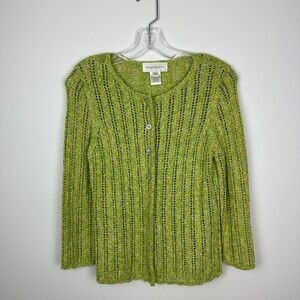 Susan Bristol Vertical Stripe Eyelet Ribs Knit Button Up Cardigan Size M